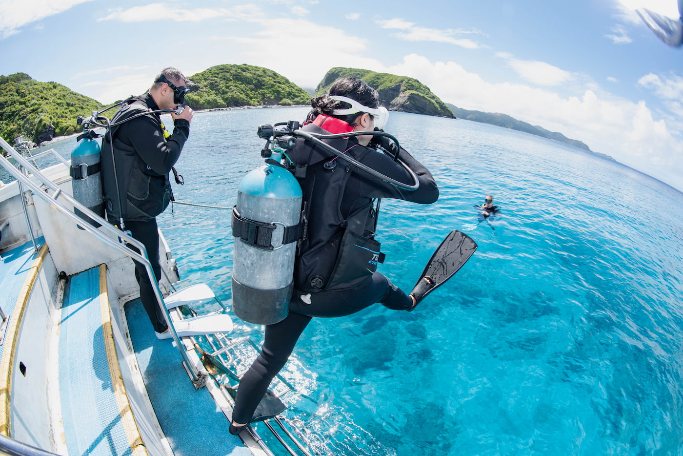 Moment Guests Enter the Sea for Diving in the Kerama Islands