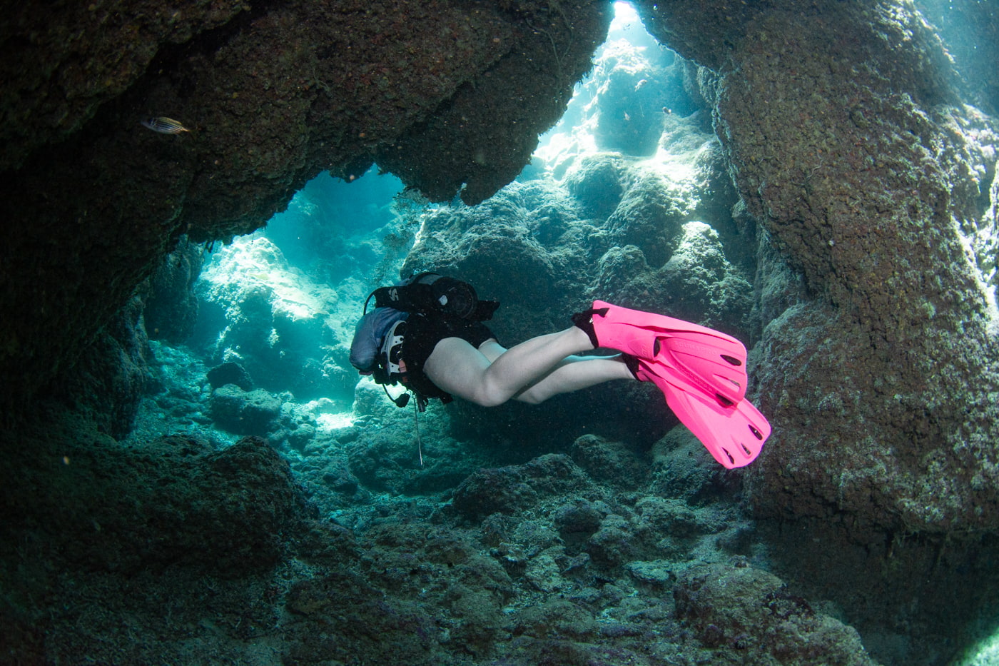 Guests diving inside a cave.